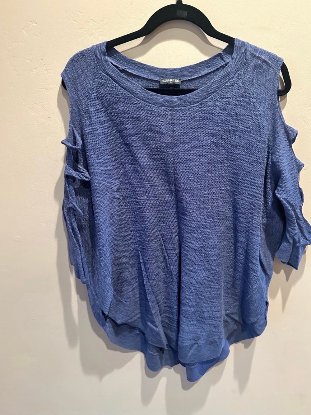 Express Blue Slub Knit Cold-Shoulder Pullover